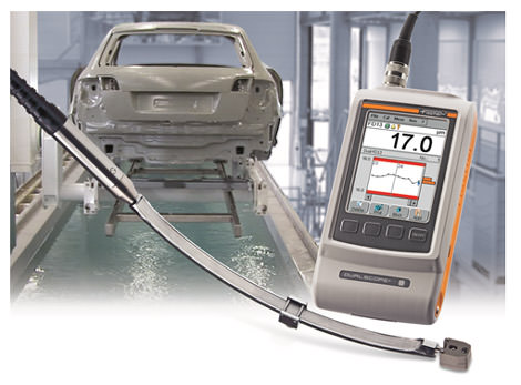 picture of DUALSCOPE FMP100 and cavity probe V3FGA06H for measurement of CDP coatings on car bodies